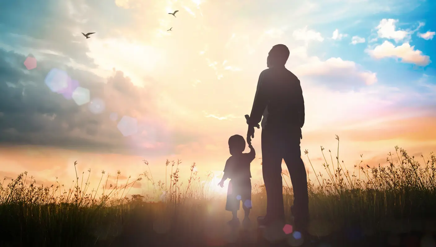Father and son holding hands in a field as they look towards the sun