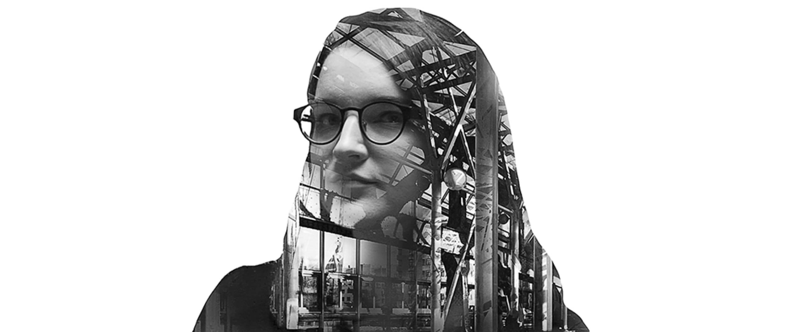 Monochrome image of woman blended with image of a building